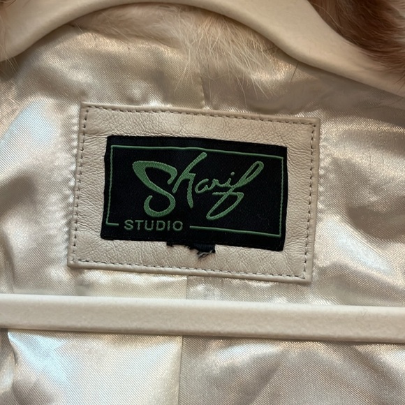 GORGEOUS Ivory genuine leather moto jacket coat fur trim studded sharif size L - Picture 10 of 17